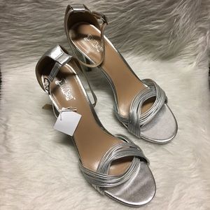 Brash silver ankle strap peep toe sandal heels